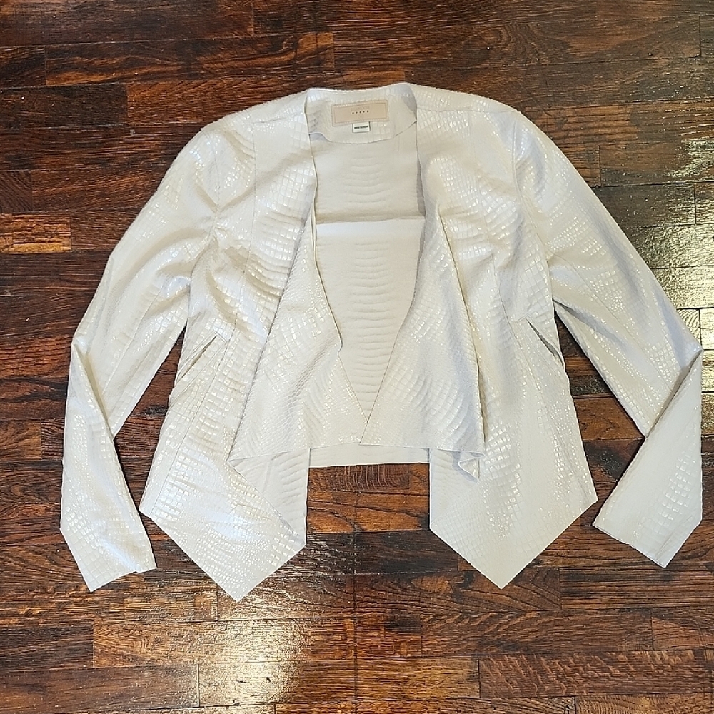 Blank NYC Creme Shimmer Crocadile Embossed Drape Front Jacket With Pockets